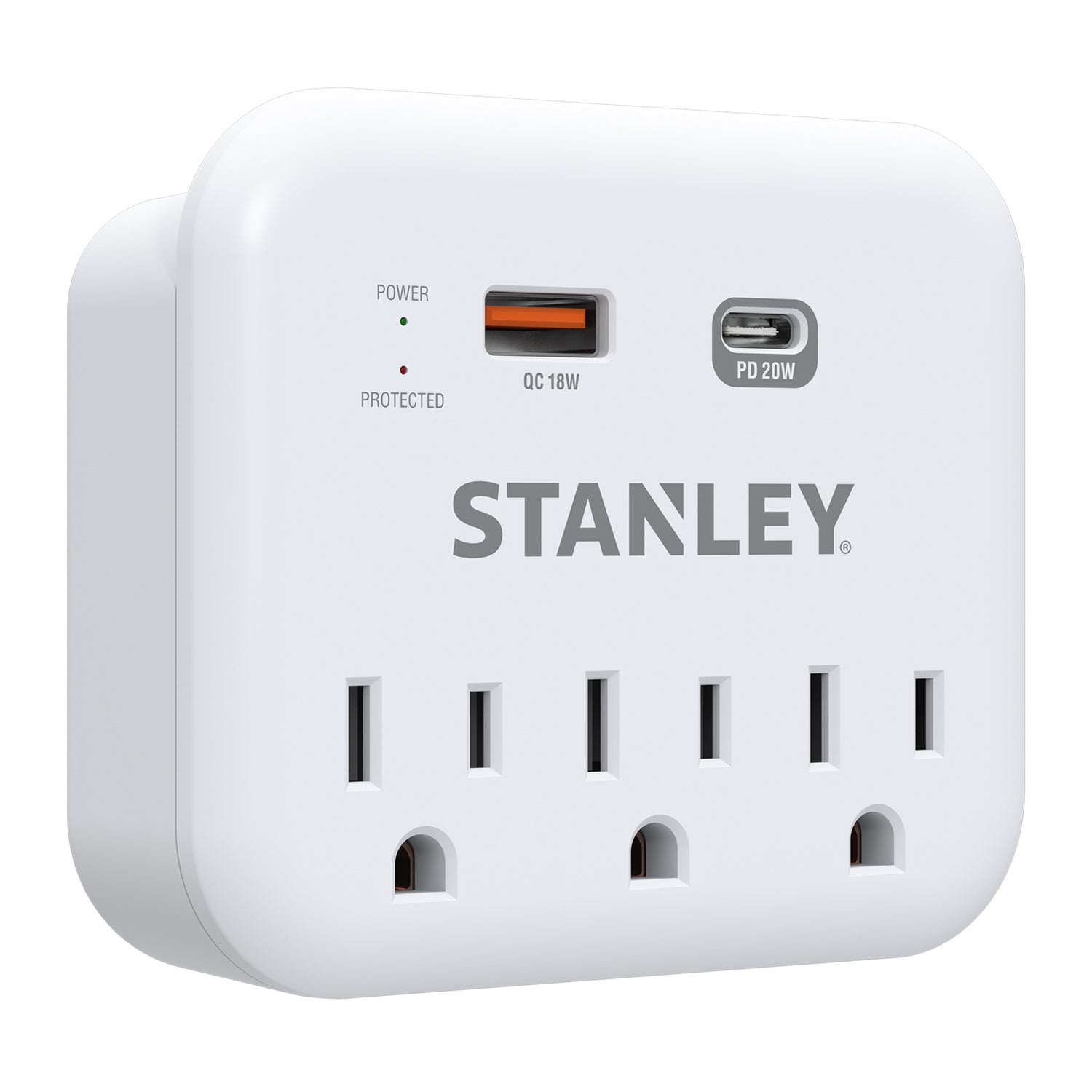 Stanley 3-AC Outlet 2-USB Port 600-Joules SurgePro 3 USB Extreme Surge Protector Wall Tap with PD Fast Charging and Integrated Phone Shelf, 30423