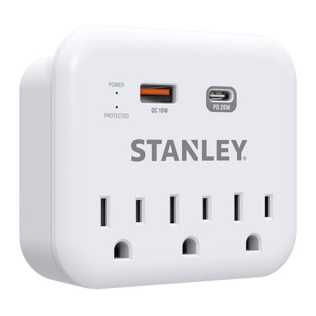 Stanley 3-AC Outlet 2-USB Port 600-Joules SurgePro 3 USB Extreme Surge Protector Wall Tap with PD Fast Charging and Integrated Phone Shelf, 30423