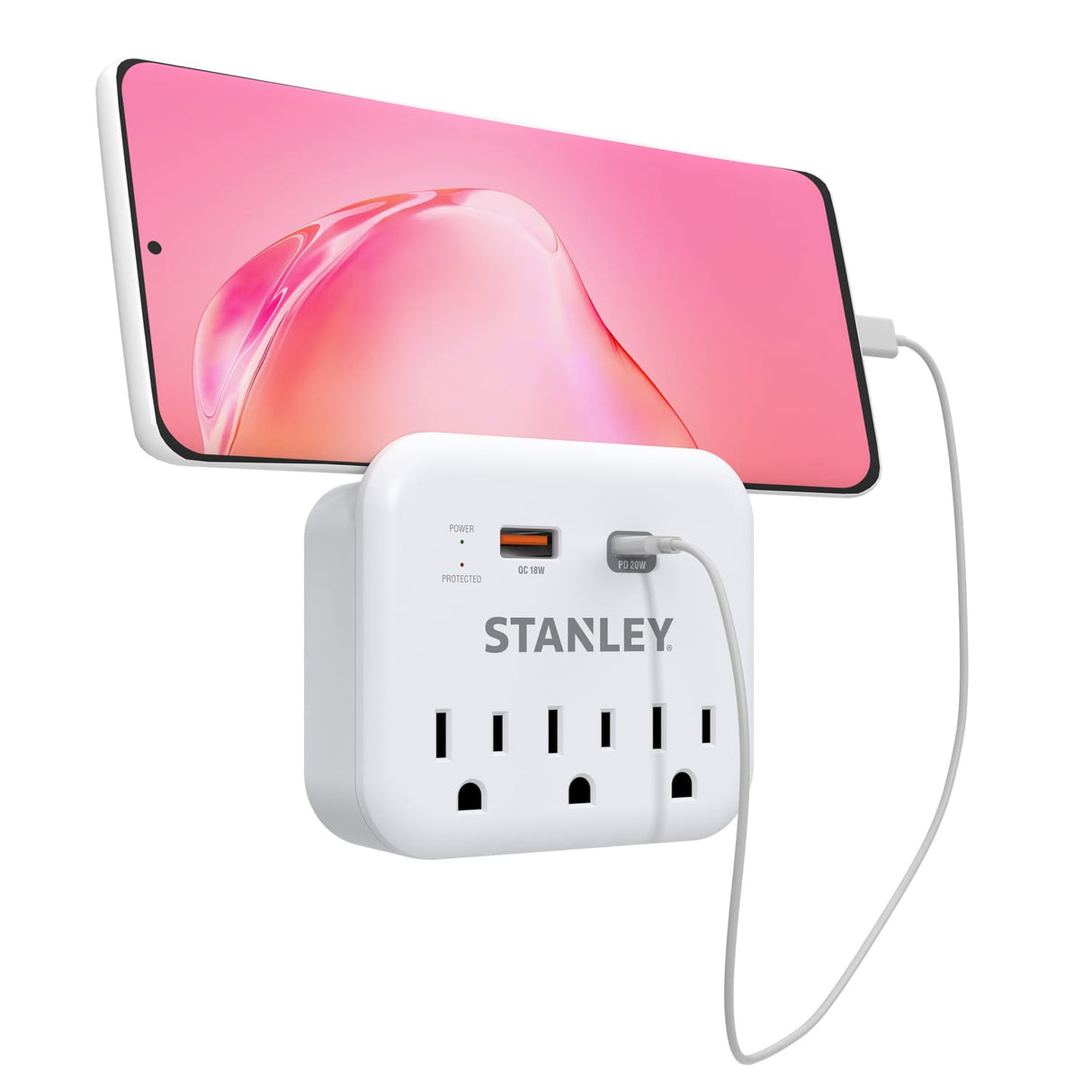 Stanley 3-AC Outlet 2-USB Port 600-Joules SurgePro 3 USB Extreme Surge Protector Wall Tap with PD Fast Charging and Integrated Phone Shelf, 30423