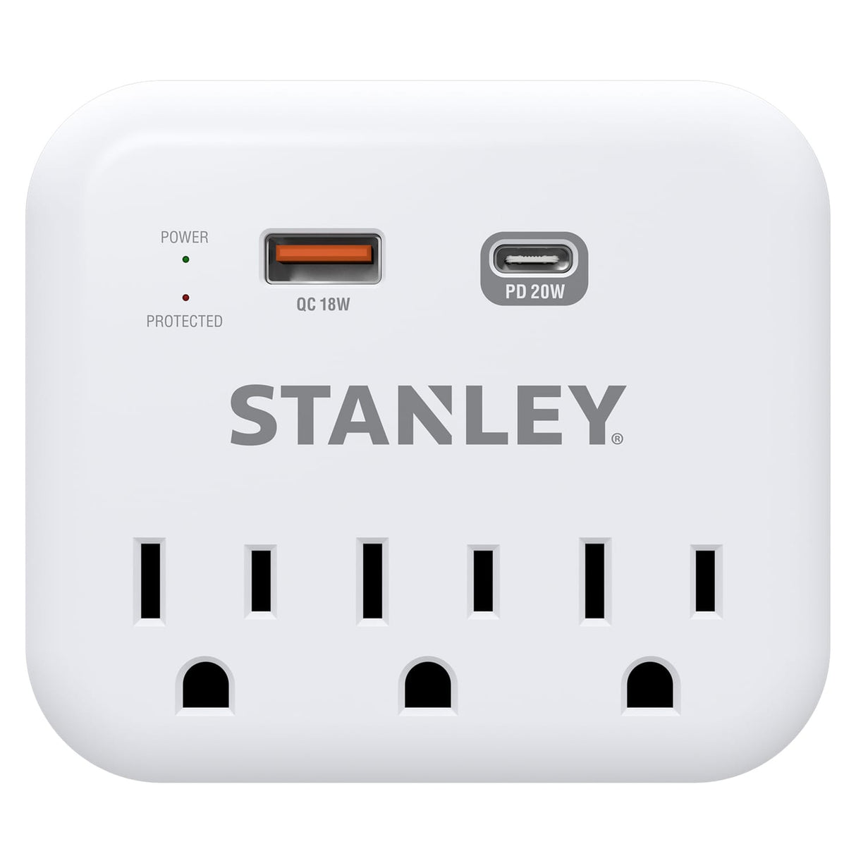 Stanley 3-AC Outlet 2-USB Port 600-Joules SurgePro 3 USB Extreme Surge Protector Wall Tap with PD Fast Charging and Integrated Phone Shelf, 30423