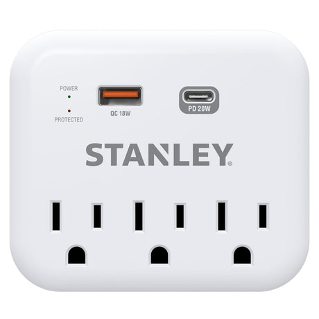 Stanley 3-AC Outlet 2-USB Port 600-Joules SurgePro 3 USB Extreme Surge Protector Wall Tap with PD Fast Charging and Integrated Phone Shelf, 30423