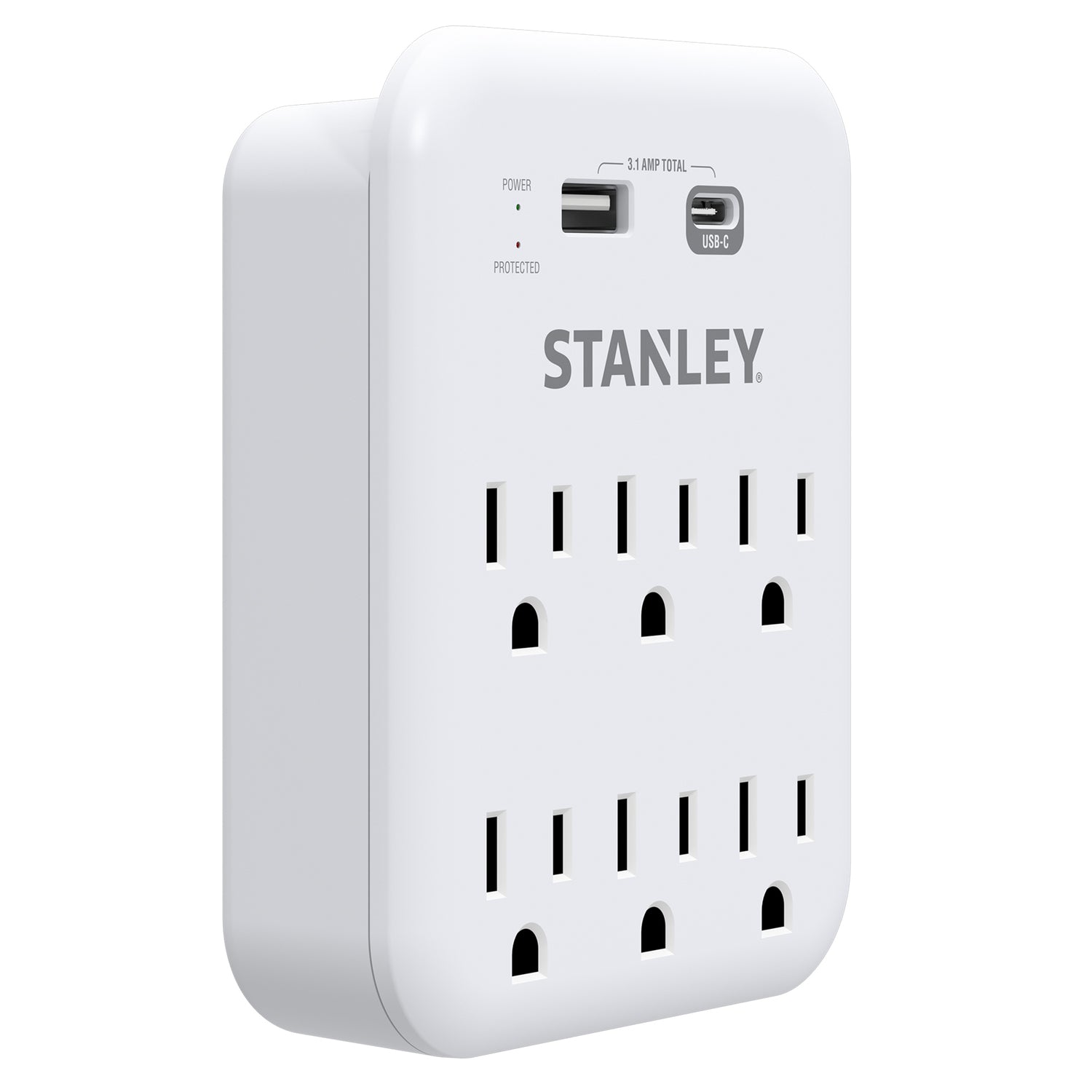 Stanley 6-AC Outlet 2-USB Port 1200-Joules SurgePro 1200 USB Extreme Surge Protector Wall Tap Adapter with Integrated Phone Shelf, 30426