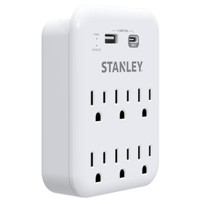 Stanley 6-AC Outlet 2-USB Port 1200-Joules SurgePro 1200 USB Extreme Surge Protector Wall Tap Adapter with Integrated Phone Shelf, 30426