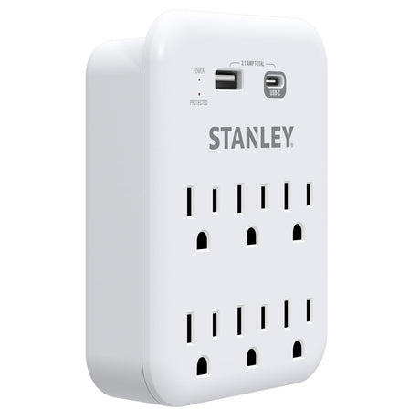 Stanley 6-AC Outlet 2-USB Port 1200-Joules SurgePro 1200 USB Extreme Surge Protector Wall Tap Adapter with Integrated Phone Shelf, 30426