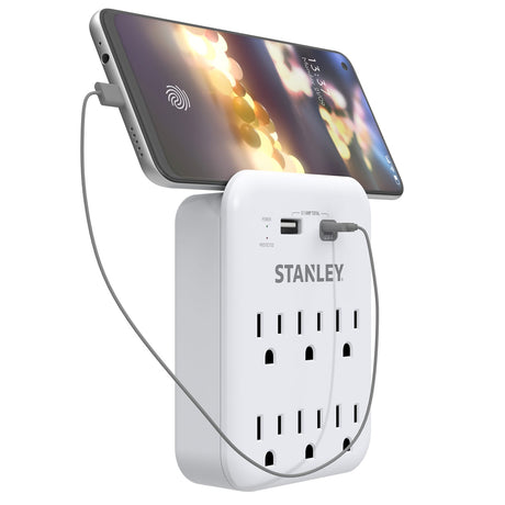 Stanley 6-AC Outlet 2-USB Port 1200-Joules SurgePro 1200 USB Extreme Surge Protector Wall Tap Adapter with Integrated Phone Shelf, 30426