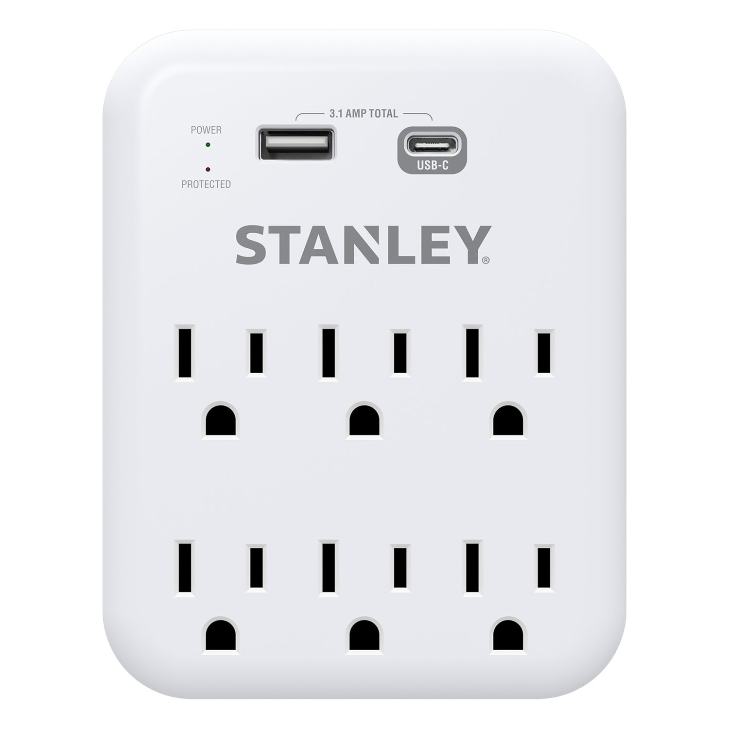 Stanley 6-AC Outlet 2-USB Port 1200-Joules SurgePro 1200 USB Extreme Surge Protector Wall Tap Adapter with Integrated Phone Shelf, 30426