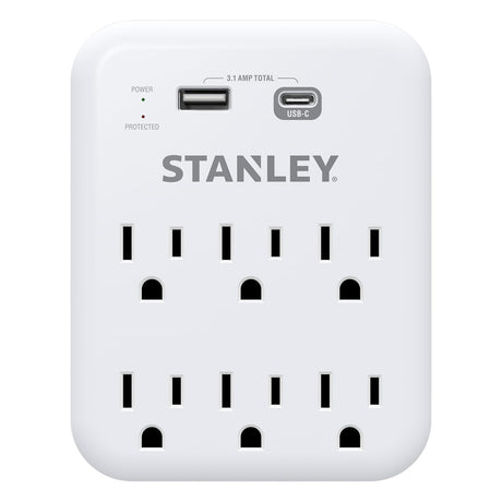 Stanley 6-AC Outlet 2-USB Port 1200-Joules SurgePro 1200 USB Extreme Surge Protector Wall Tap Adapter with Integrated Phone Shelf, 30426