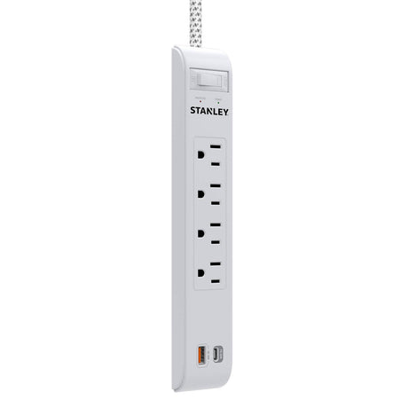 Stanley 4-AC Outlet 2-USB Port 600-Joules SurgeMax Surge Protector Power Strip with PD, 6-Ft. Fabric-Braided Cord with Low-Profile Plug, 33253