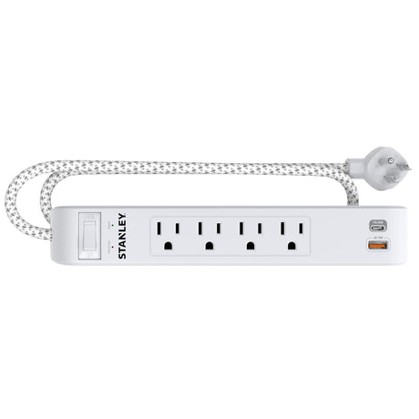 Stanley 4-AC Outlet 2-USB Port 600-Joules SurgeMax Surge Protector Power Strip with PD, 6-Ft. Fabric-Braided Cord with Low-Profile Plug, 33253