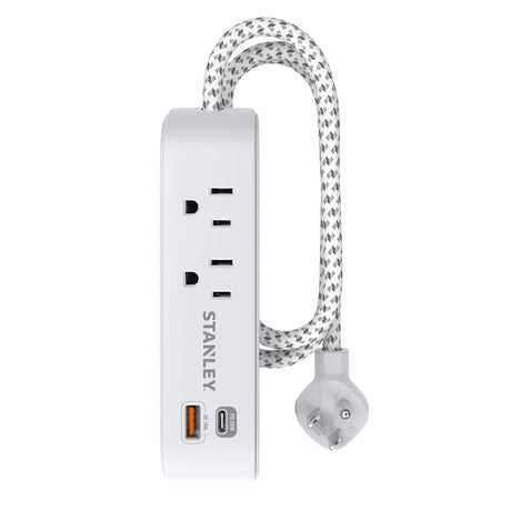 Stanley 2-AC Outlet 2-USB Port 300-Joules SurgeMax Surge Protector Power Strip with PD, 6-Ft. Fabric-Braided Cord with Low-Profile Plug, White