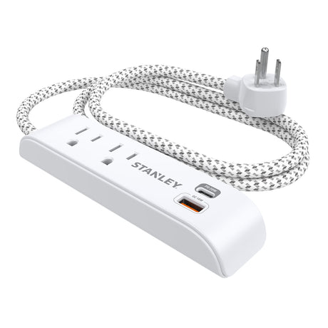 Stanley 2-AC Outlet 2-USB Port 300-Joules SurgeMax Surge Protector Power Strip with PD, 6-Ft. Fabric-Braided Cord with Low-Profile Plug, White