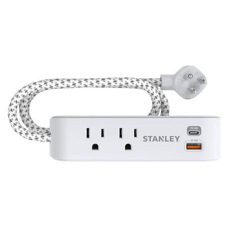 Stanley 2-AC Outlet 2-USB Port 300-Joules SurgeMax Surge Protector Power Strip with PD, 6-Ft. Fabric-Braided Cord with Low-Profile Plug, White