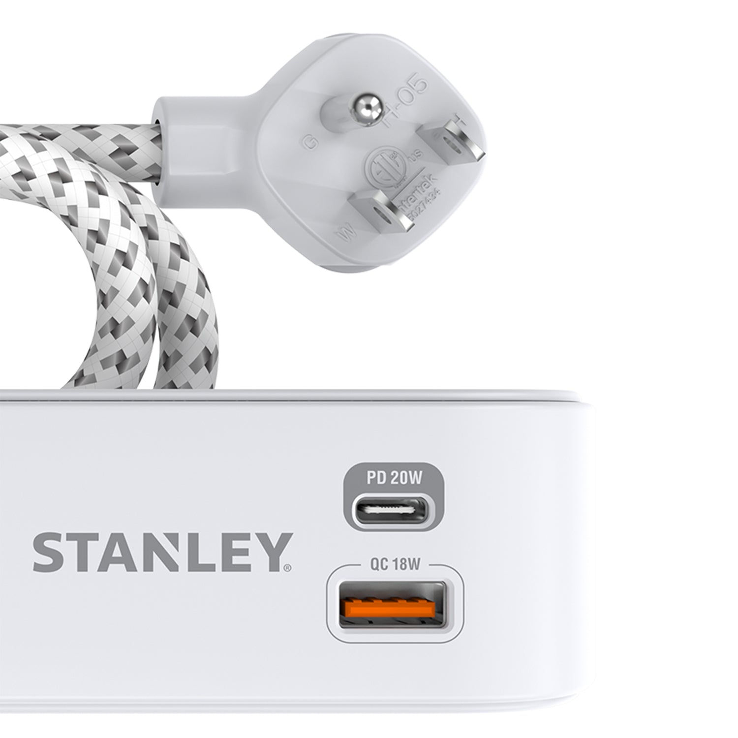 Stanley 2-AC Outlet 2-USB Port 300-Joules SurgeMax Surge Protector Power Strip with PD, 6-Ft. Fabric-Braided Cord with Low-Profile Plug, White