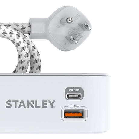 Stanley 2-AC Outlet 2-USB Port 300-Joules SurgeMax Surge Protector Power Strip with PD, 6-Ft. Fabric-Braided Cord with Low-Profile Plug, White