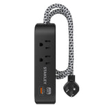 Stanley 2-AC Outlet 2-USB Port 300-Joules SurgeMax Surge Protector Power Strip with PD, 6-Ft. Fabric-Braided Cord with Low-Profile Plug, Black