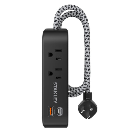 Stanley 2-AC Outlet 2-USB Port 300-Joules SurgeMax Surge Protector Power Strip with PD, 6-Ft. Fabric-Braided Cord with Low-Profile Plug, Black