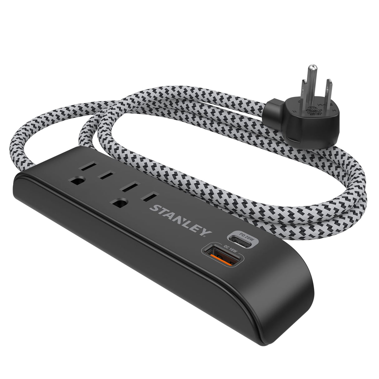 Stanley 2-AC Outlet 2-USB Port 300-Joules SurgeMax Surge Protector Power Strip with PD, 6-Ft. Fabric-Braided Cord with Low-Profile Plug, Black