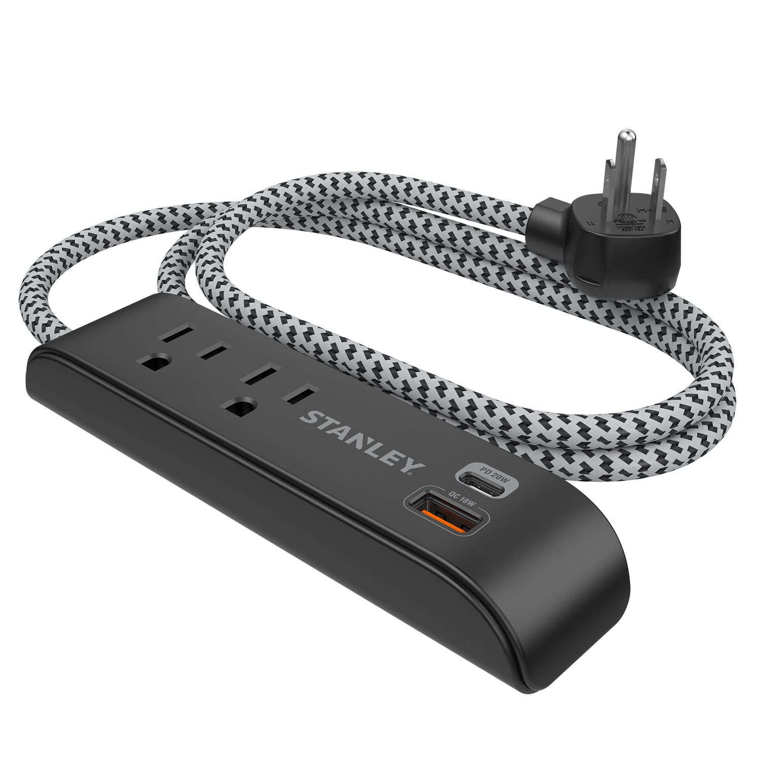Stanley 2-AC Outlet 2-USB Port 300-Joules SurgeMax Surge Protector Power Strip with PD, 6-Ft. Fabric-Braided Cord with Low-Profile Plug, Black