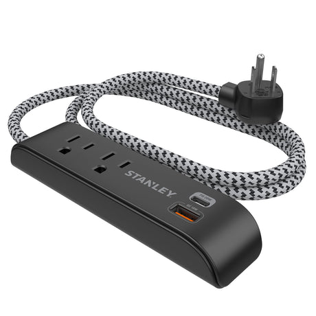 Stanley 2-AC Outlet 2-USB Port 300-Joules SurgeMax Surge Protector Power Strip with PD, 6-Ft. Fabric-Braided Cord with Low-Profile Plug, Black