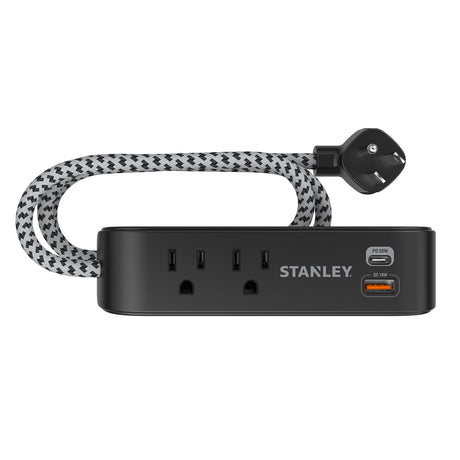Stanley 2-AC Outlet 2-USB Port 300-Joules SurgeMax Surge Protector Power Strip with PD, 6-Ft. Fabric-Braided Cord with Low-Profile Plug, Black