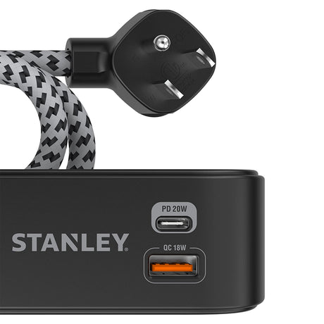 Stanley 2-AC Outlet 2-USB Port 300-Joules SurgeMax Surge Protector Power Strip with PD, 6-Ft. Fabric-Braided Cord with Low-Profile Plug, Black