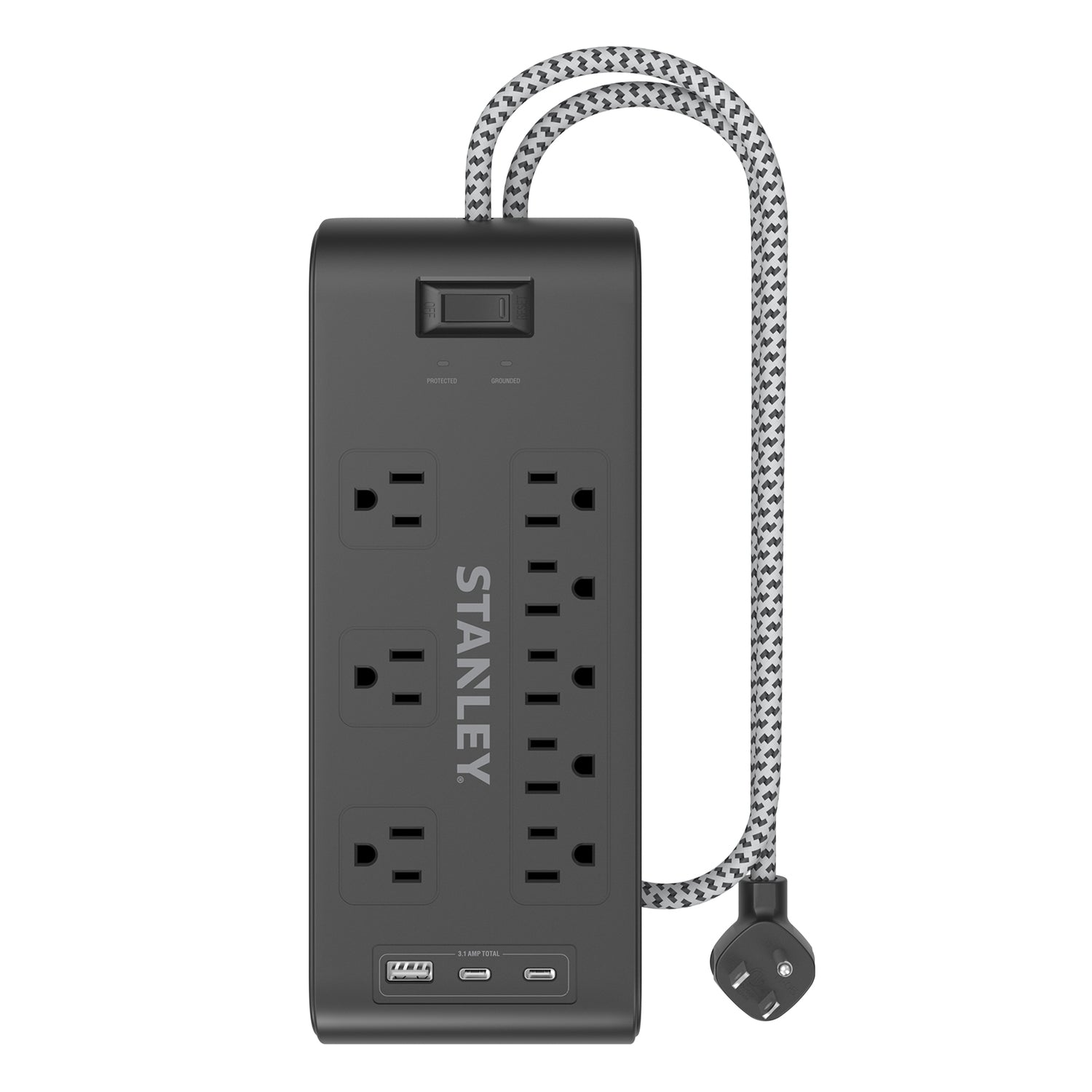 Stanley 8-AC Outlet 2-USB Port 2400-Joules Surge Blok Surge Protector Power Strip with PD, 6-Ft. Fabric-Braided Cord with Low-Profile Plug, 33308
