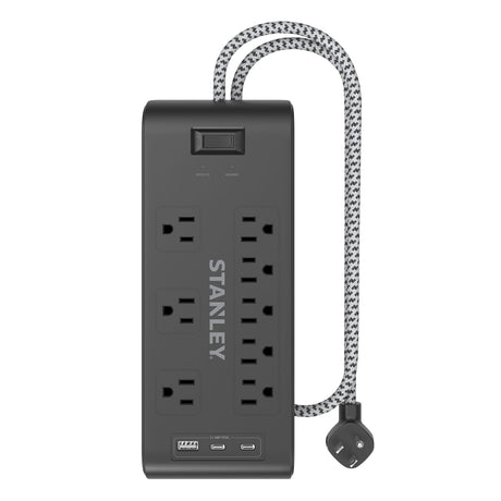 Stanley 8-AC Outlet 2-USB Port 2400-Joules Surge Blok Surge Protector Power Strip with PD, 6-Ft. Fabric-Braided Cord with Low-Profile Plug, 33308