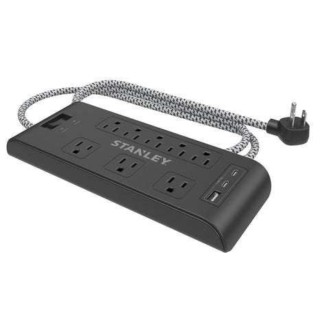Stanley 8-AC Outlet 2-USB Port 2400-Joules Surge Blok Surge Protector Power Strip with PD, 6-Ft. Fabric-Braided Cord with Low-Profile Plug, 33308