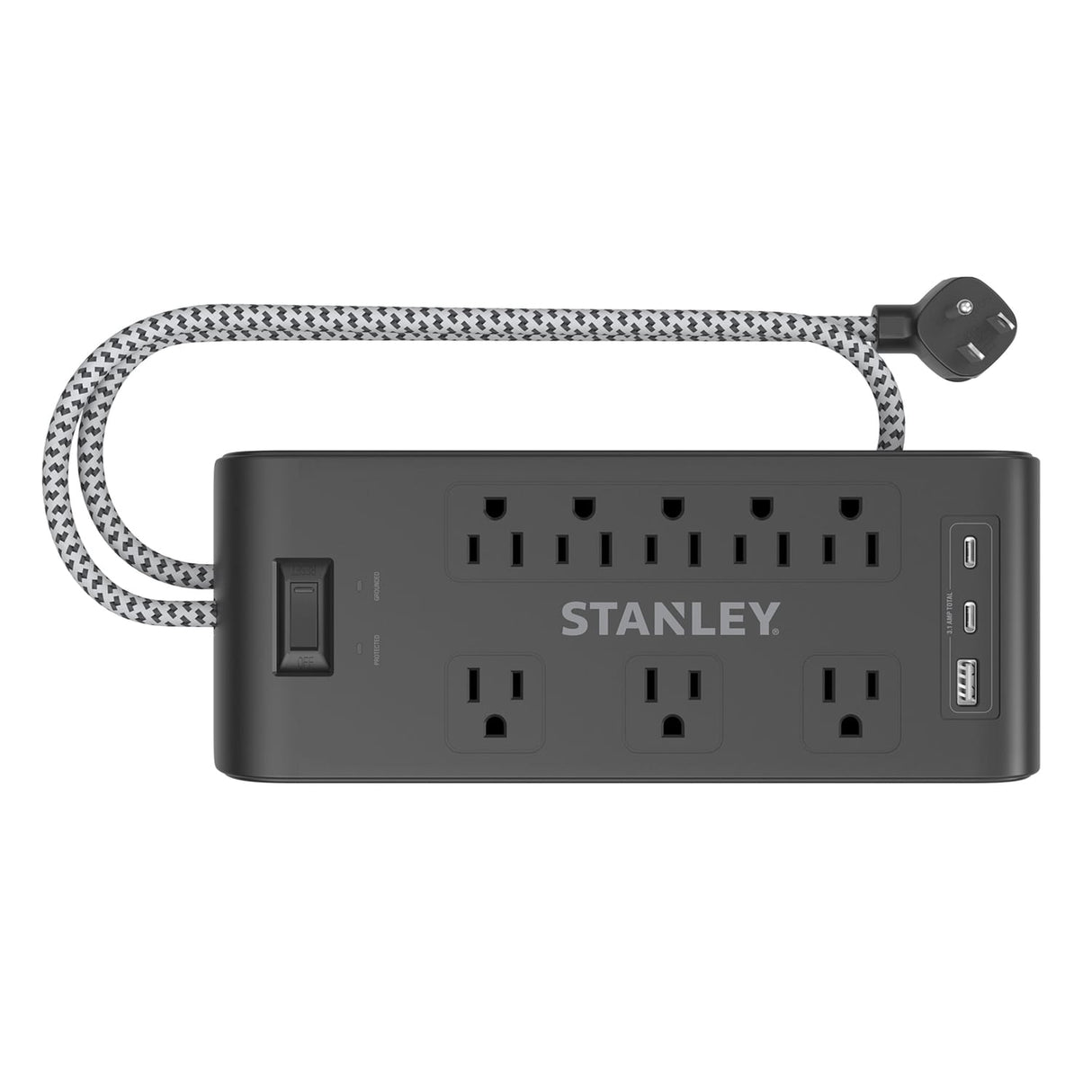 Stanley 8-AC Outlet 2-USB Port 2400-Joules Surge Blok Surge Protector Power Strip with PD, 6-Ft. Fabric-Braided Cord with Low-Profile Plug, 33308