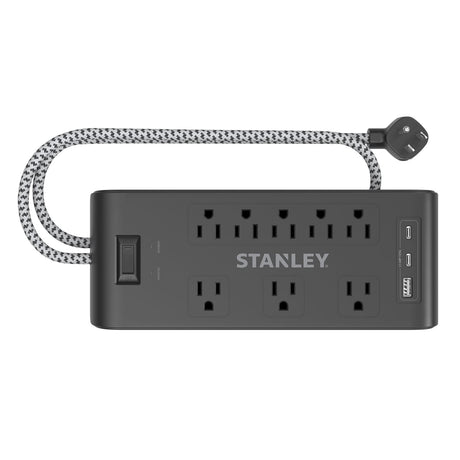 Stanley 8-AC Outlet 2-USB Port 2400-Joules Surge Blok Surge Protector Power Strip with PD, 6-Ft. Fabric-Braided Cord with Low-Profile Plug, 33308