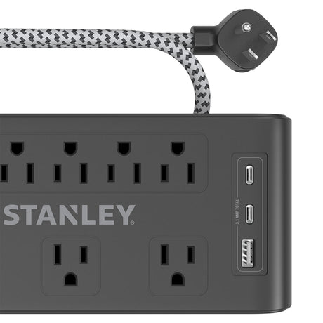 Stanley 8-AC Outlet 2-USB Port 2400-Joules Surge Blok Surge Protector Power Strip with PD, 6-Ft. Fabric-Braided Cord with Low-Profile Plug, 33308