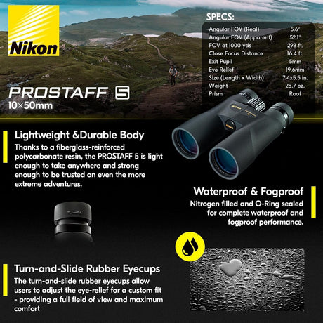 Nikon PROSTAFF 5 10x50 Binoculars with Neck Strap, Case, and Caps