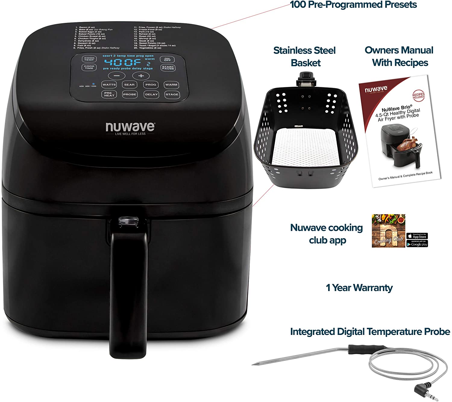 NuWave 4.5 Qt Air Fryer with Probe - Refurbished