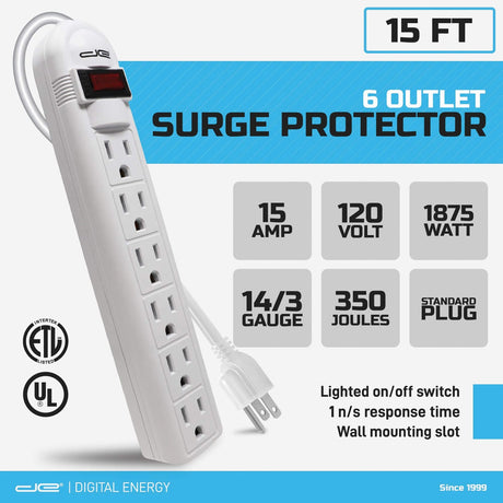 Digital Energy 6-AC Outlet 350-Joules Surge Protector Power Strip with Straight Plug, 15 Ft., White