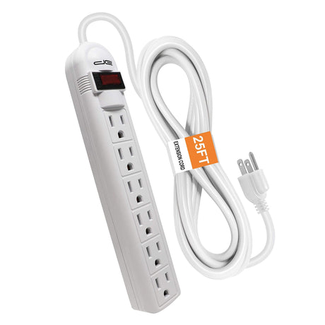 Digital Energy 6-AC Outlet 350-Joules Surge Protector Power Strip with Straight Plug, 25 Ft., White