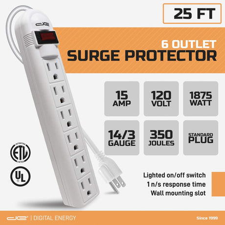 Digital Energy 6-AC Outlet 350-Joules Surge Protector Power Strip with Straight Plug, 25 Ft., White