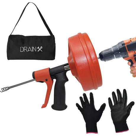 DrainX SPINFEED Drum Auger Drain Snake, Auto Extend and Retract, with Work Gloves and Carrying Bag, 25 Ft.