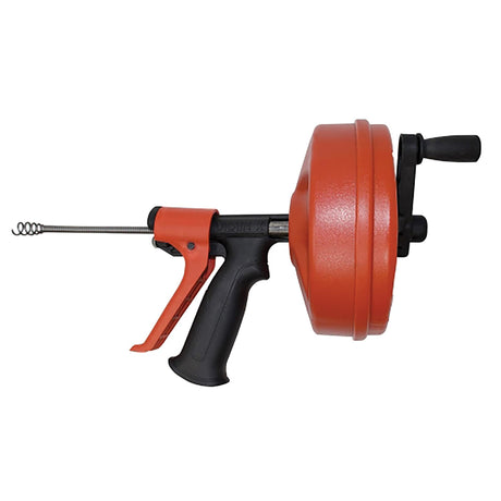 DrainX SPINFEED Drum Auger Drain Snake, Auto Extend and Retract, with Work Gloves and Carrying Bag, 25 Ft.