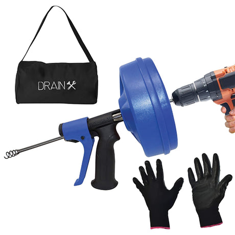 DrainX SPINFEED Drum Auger Drain Snake, Auto Extend and Retract, with Work Gloves and Carrying Bag, 35 Ft.
