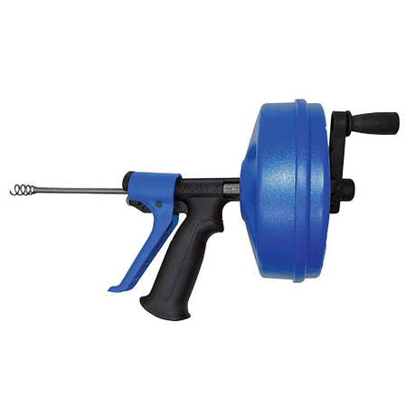 DrainX SPINFEED Drum Auger Drain Snake, Auto Extend and Retract, with Work Gloves and Carrying Bag, 35 Ft.