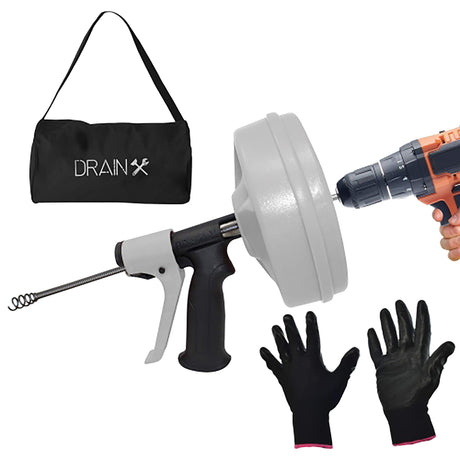 DrainX SPINFEED Drum Auger Drain Snake, Auto Extend and Retract, with Work Gloves and Carrying Bag, 50 Ft.