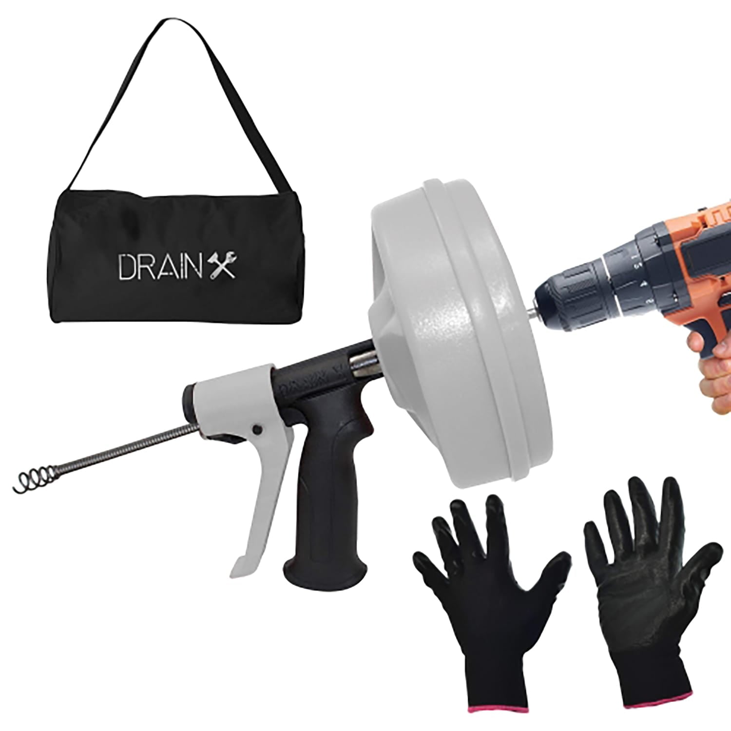 DrainX SPINFEED Drum Auger Drain Snake, Auto Extend and Retract, with Work Gloves and Carrying Bag, 50 Ft.