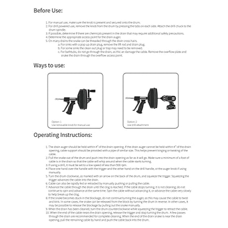 DrainX SPINFEED Drum Auger Drain Snake, Auto Extend and Retract, with Work Gloves and Carrying Bag, 50 Ft.