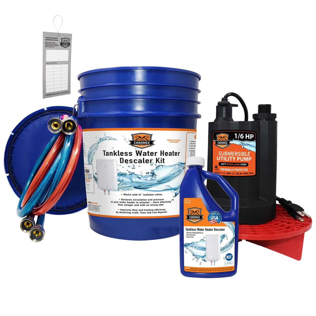 Chromex Tankless Water Heater Flush Kit with NSF-Certified Liquid Descaling Solution, 1/6-HP Submersible Pump, Elevated Pump Grate, and 2 Hoses