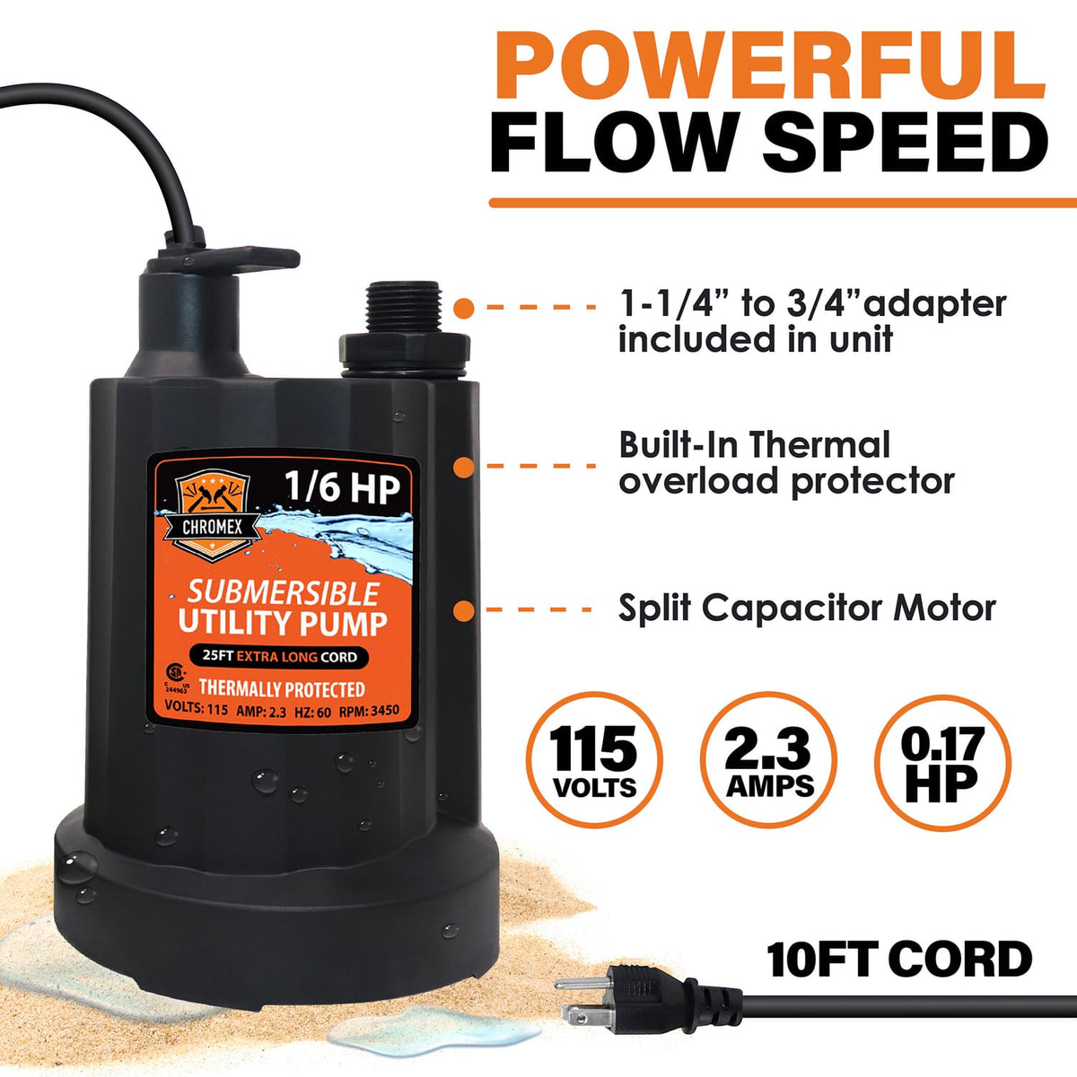 Chromex Tankless Water Heater Flush Kit with NSF-Certified Liquid Descaling Solution, 1/6-HP Submersible Pump, Elevated Pump Grate, and 2 Hoses