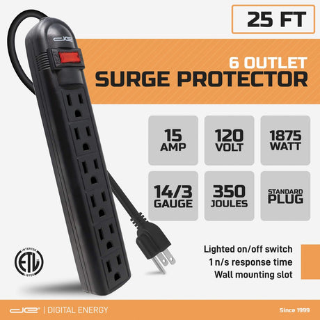 Digital Energy 6-AC Outlet 350-Joules Surge Protector Power Strip with Straight Plug, 25 Ft., Black