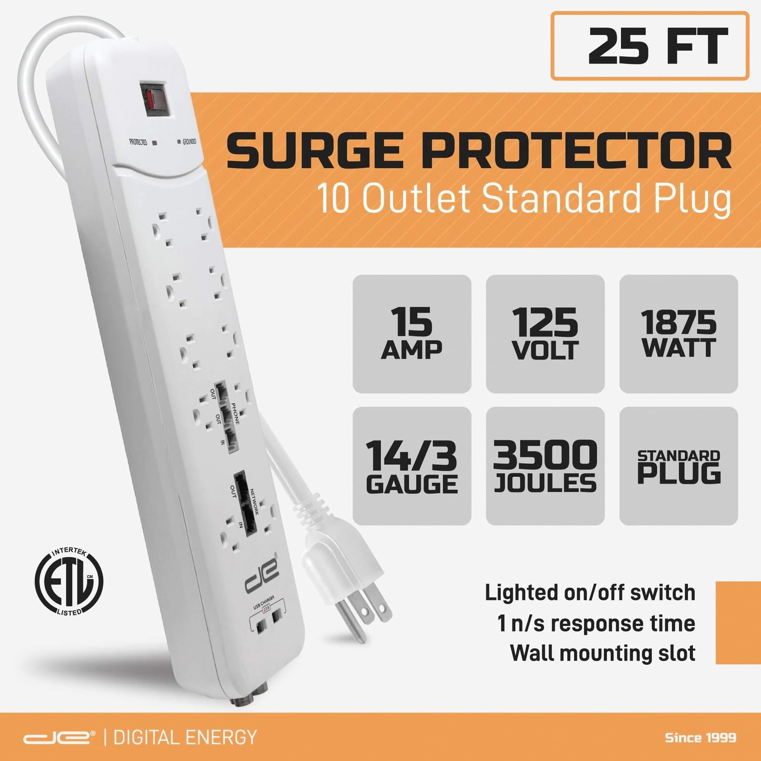 Digital Energy 10-AC Outlet, 2-USB Port, and Coax 3500-Joules Heavy-Duty Surge Protector Power Strip with Straight Plug, 25 Ft. Cord, White