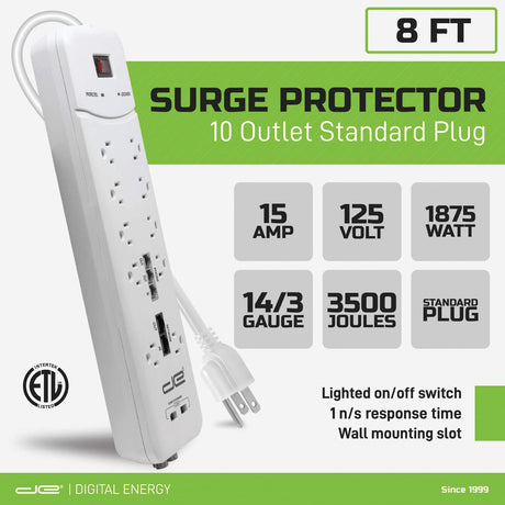 Digital Energy 10-AC Outlet, 2-USB Port, and Coax 3500-Joules Heavy-Duty Surge Protector Power Strip with Straight Plug, 8 Ft. Cord, White