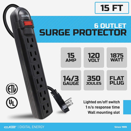 Digital Energy 6-AC Outlet Surge Protector Power Strip with Angled Plug, 15 Ft., Black
