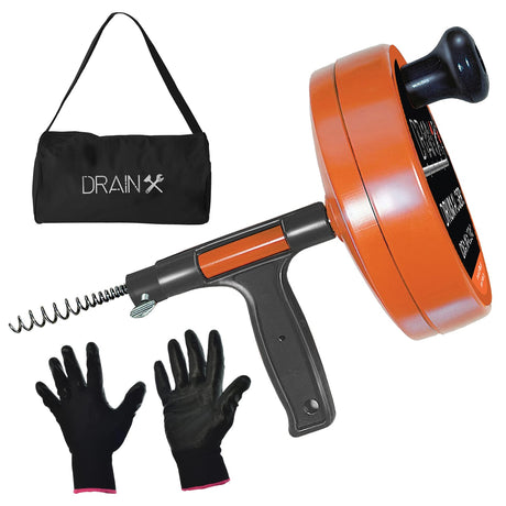 DrainX Heavy-Duty-Steel Pro Drum Drain Auger, 25 Ft., with Work Gloves and Carrying Pouch
